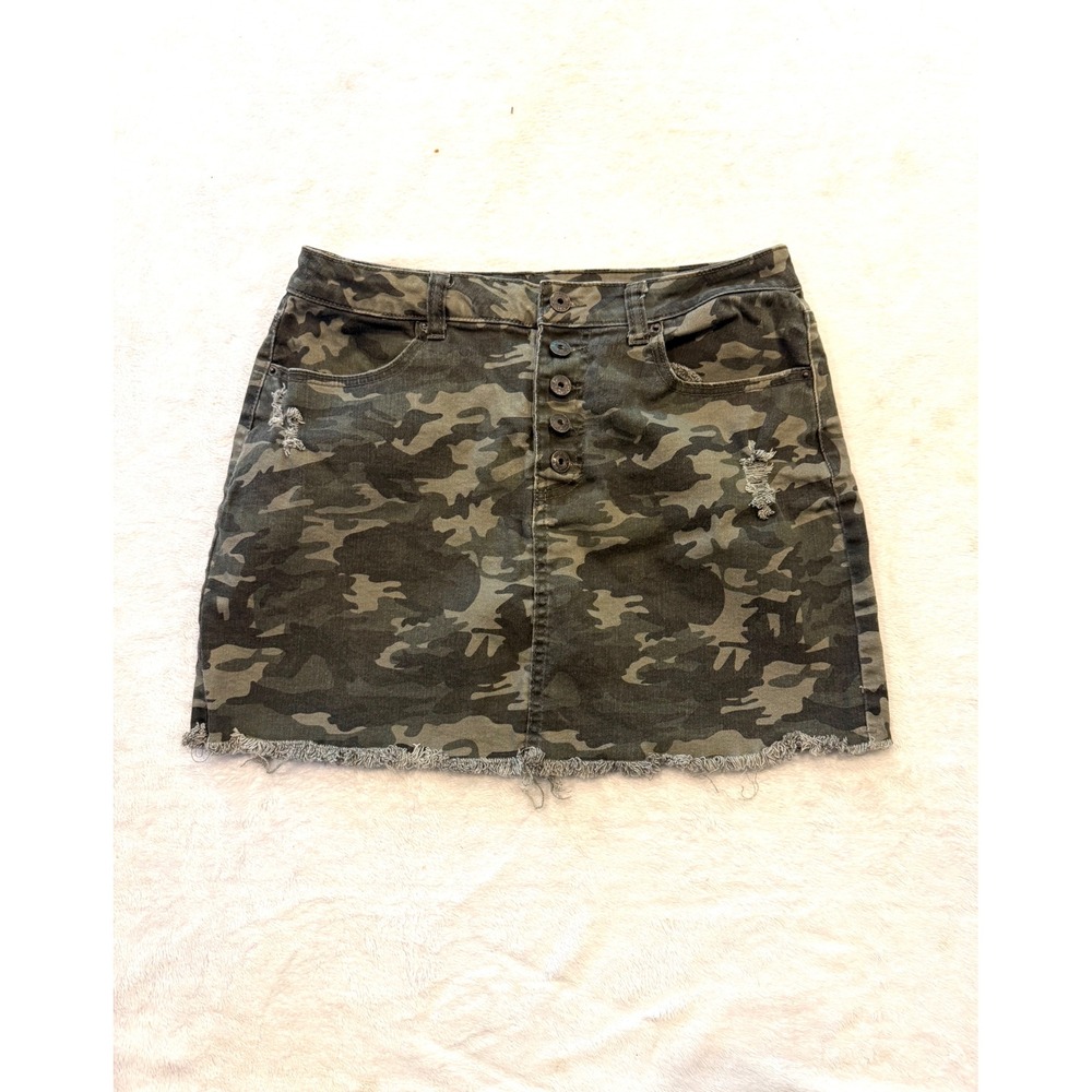 Vanilla Star Camo Denim Mini Skirt Distressed Frayed Hem Button Fly Size 13